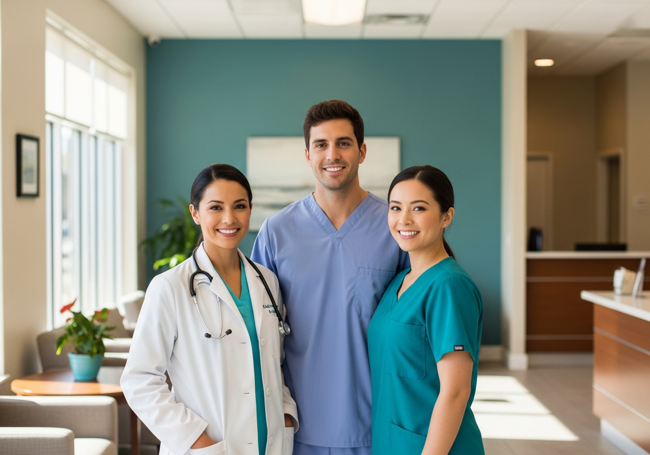 The care team at ET Family Practice standing together in a bright modern clinic
