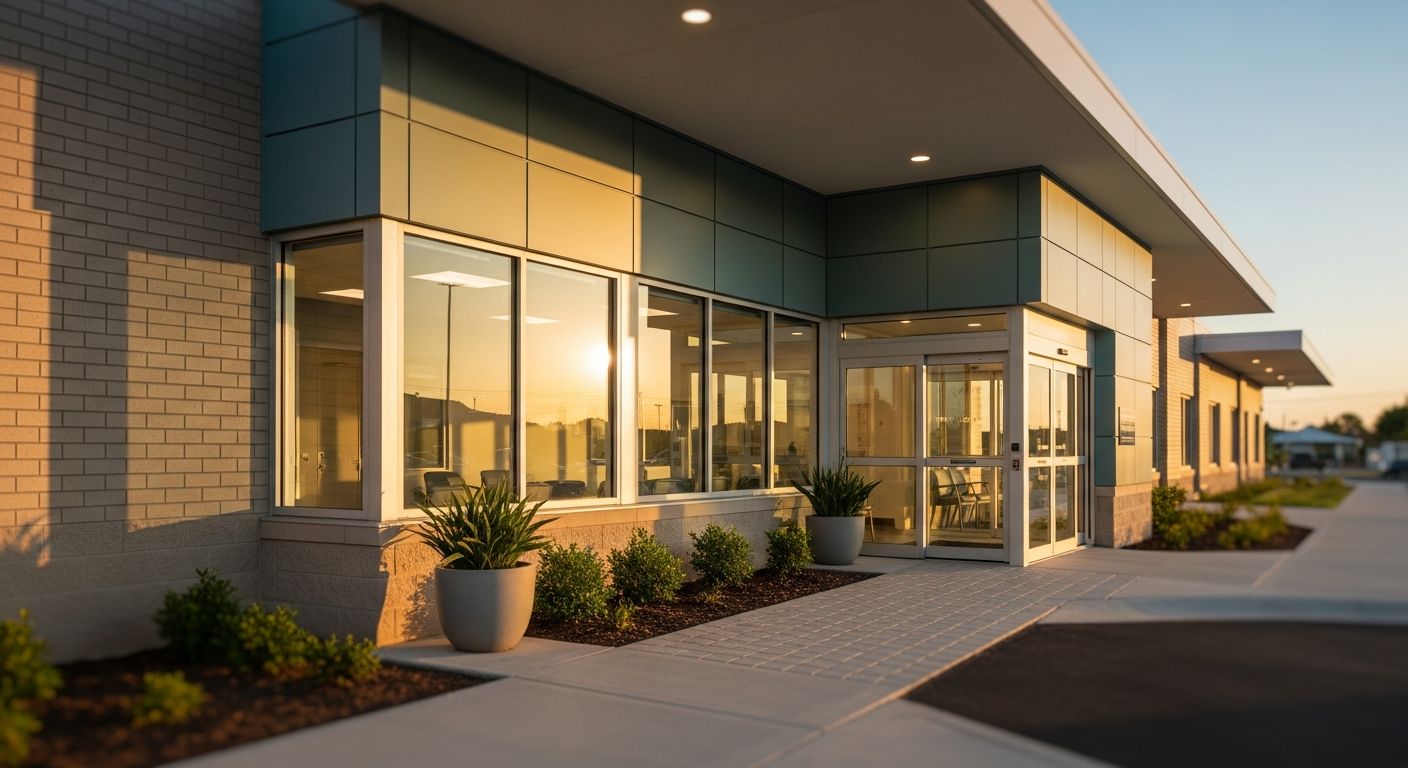 The entrance of a modern suburban family medicine clinic at golden hour
