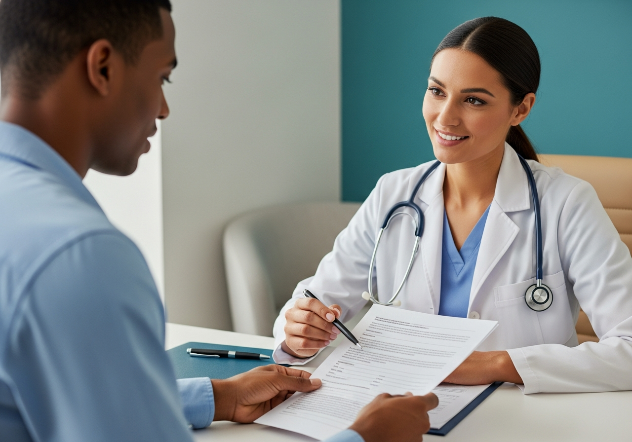 A patient and staff member reviewing insurance paperwork together