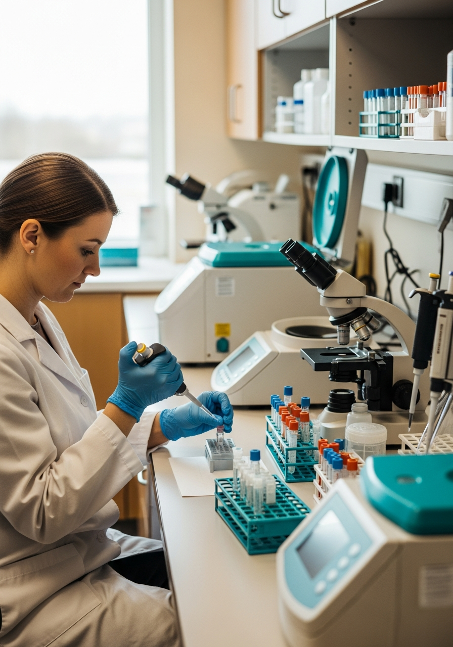 A technician processing a blood sample in the in-house laboratory