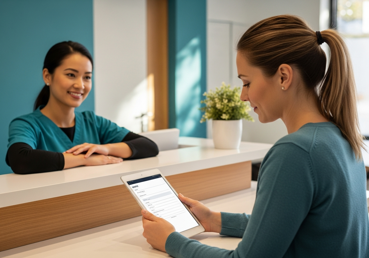 A patient completing intake on a tablet at a welcoming front desk with a friendly receptionist