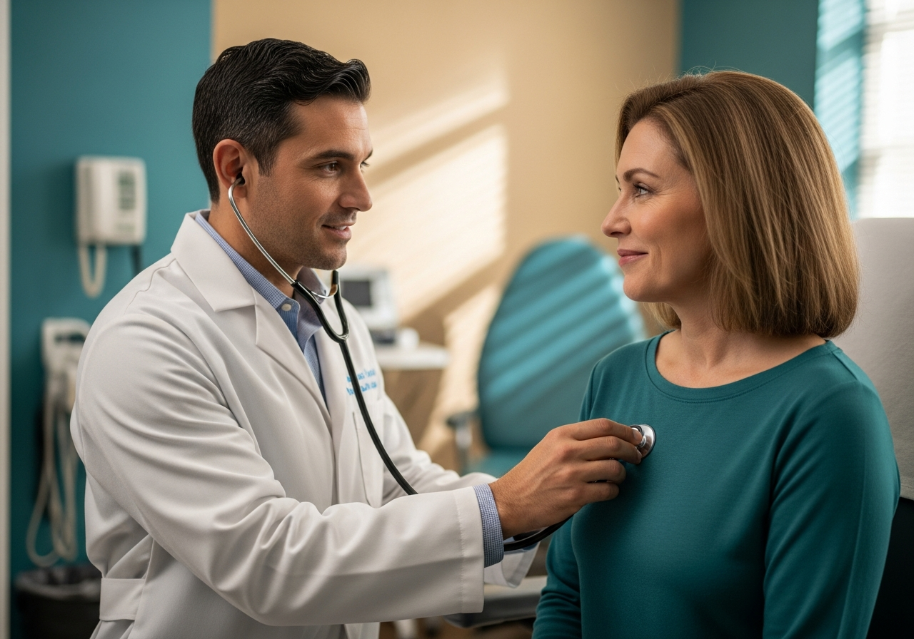 A doctor listening attentively to a patient during a check-up